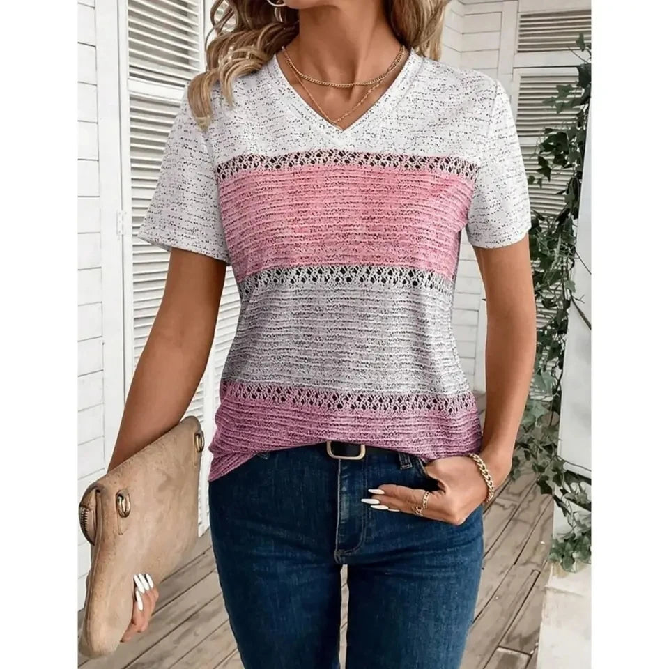 Summer Women Short Sleeve V-Neck Plus Size T Shirt For Women Fashion Ladies T-Shirt 3D Retro Striped Print Tops Casual Clothes