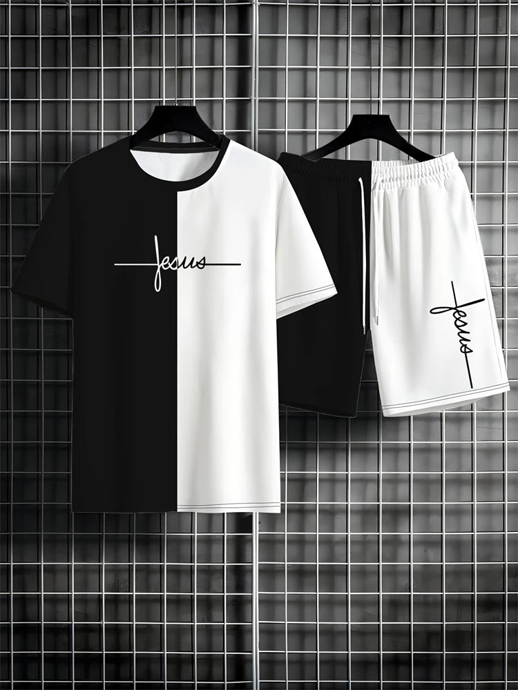 Summer Men's Short Sleeve Shorts Set Personalized Logo Printed Short Sleeve Shorts Set Loose Breathable Casual Fashion