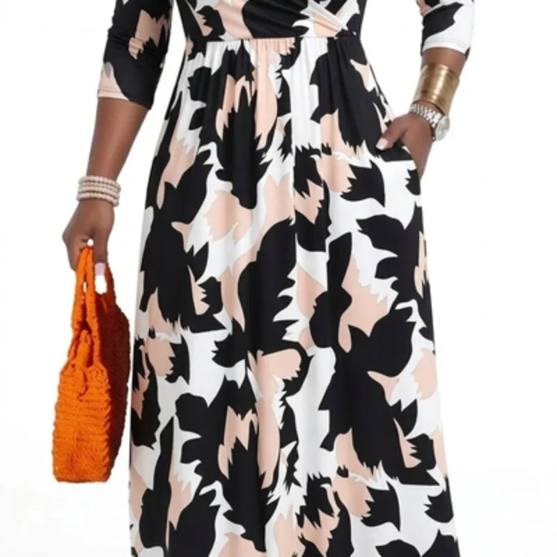Plus Size Women's Pullover Sexy V Neck  3/4 Sleeve  Loose Long for Women Fashion Printed Summer  Casual Maxi Dresses With Pocket