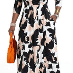 Plus Size Women's Pullover Sexy V Neck  3/4 Sleeve  Loose Long for Women Fashion Printed Summer  Casual Maxi Dresses With Pocket