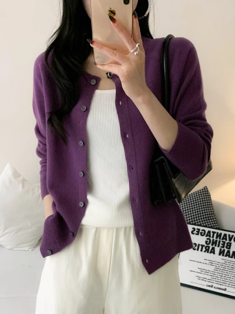 100% Merino Wool Knitwear Autumn Winter Grace Solid Color Basics Cardigan Soft Warm Casual O-Neck Sweater Woman Clothing Tops