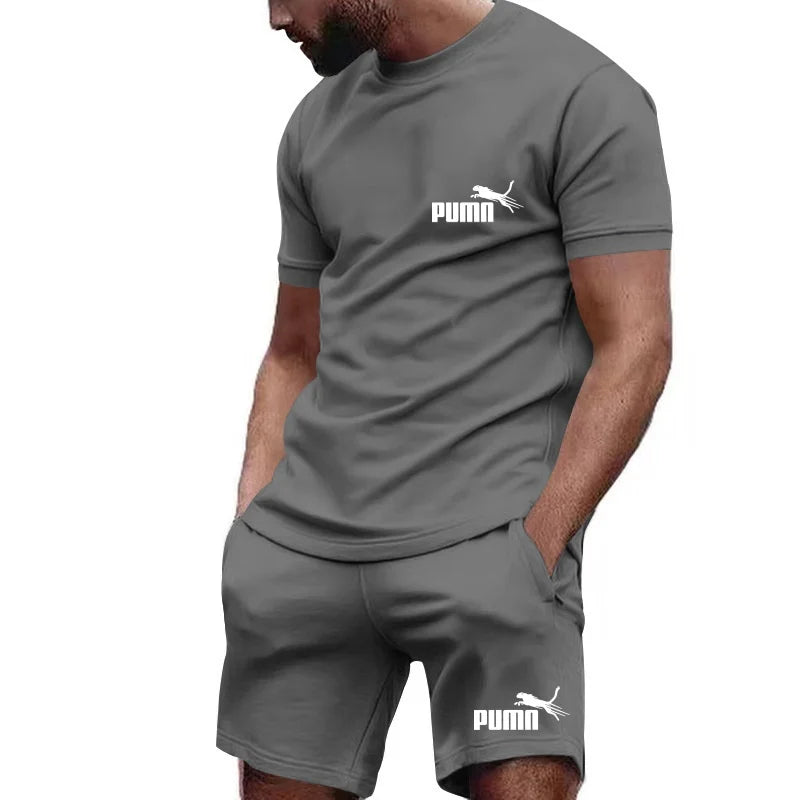 2026 new summer men's T-shirt+shorts set printed fashionable casual round neck pullover breathable running sports shorts