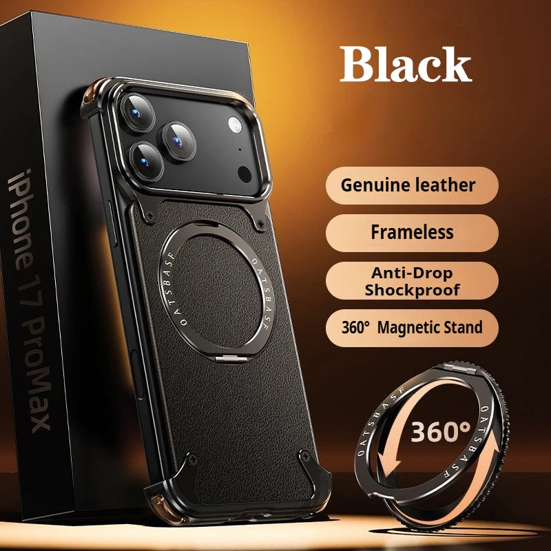 Eary for iPhone 17 Pro Max Air Phone Case Genuine Leather for Magsafe Frameless Shell 360°Rotate Magnetic Stand Anti-Drop Cover