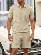 mens textured jacquard polo shirt and shorts set casual breathable short sleeve two piece tracksuit for men