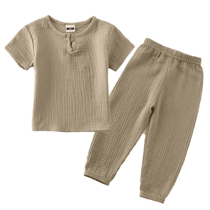Childrens Set  Summer Cotton and Linen Short Sleeved Pants Set Mens and Women Thin Pure Cotton Pants Loose Two-piece Set