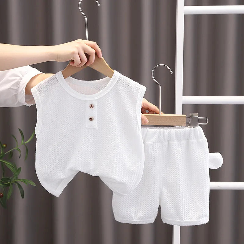Korean Children Summer Sets Girl Boy Sleeveless Vest Shorts Suit Child Clothing Fashion Outfits Kids Costume