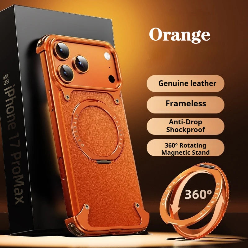 Eary for iPhone 17 Pro Max Air Phone Case Genuine Leather for Magsafe Frameless Shell 360°Rotate Magnetic Stand Anti-Drop Cover