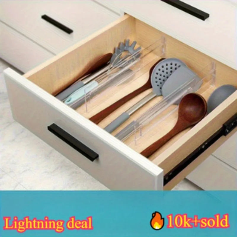 1pc drawer divider, adjustable length, transparent plastic for clothing, kitchen utensils, and office storage and organization