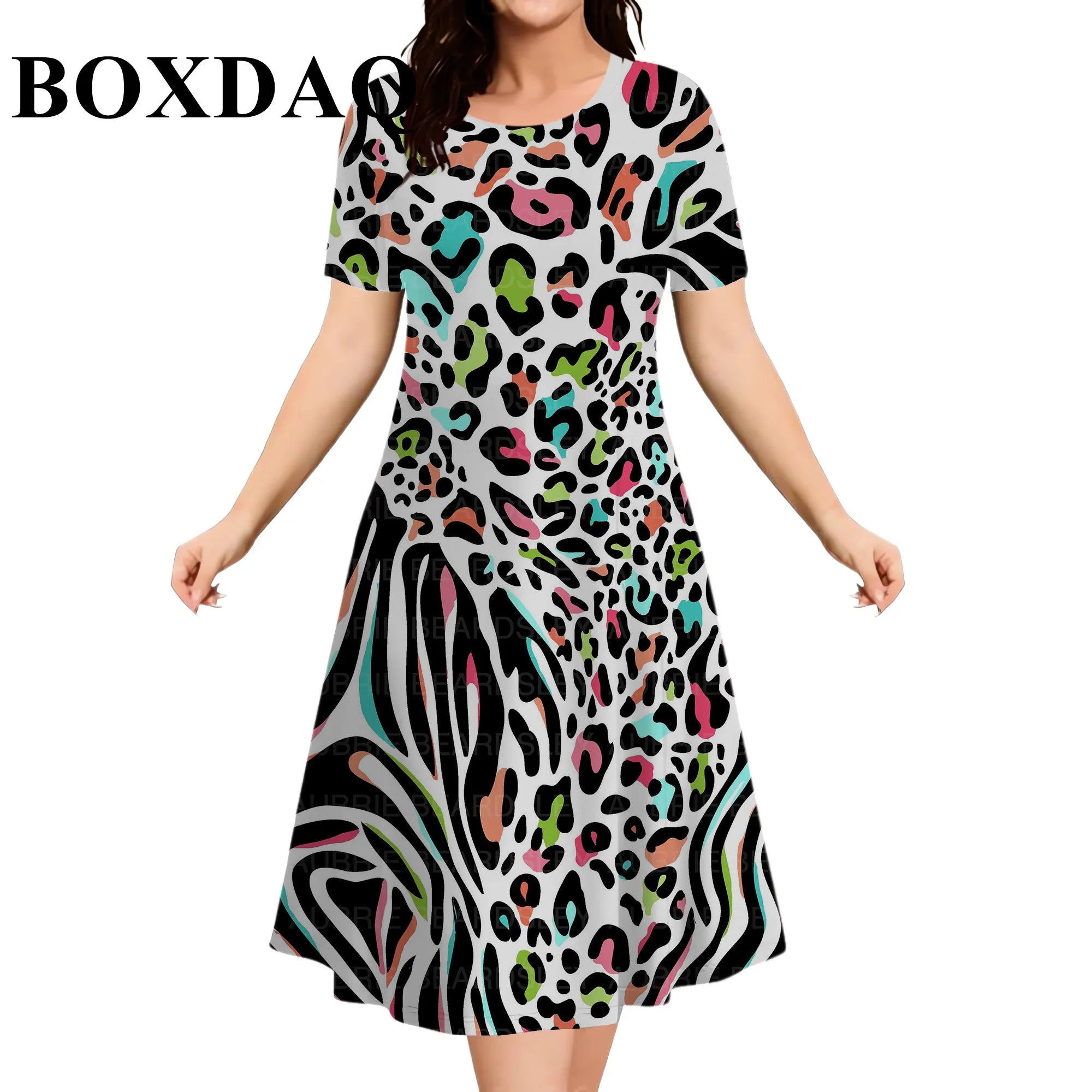 Elegant Fashioin Leopard Print Short Sleeve Dresses For Women 2026 Summer Casual Loose O-Neck A-Line Dress Plus Size 6XL Clothes