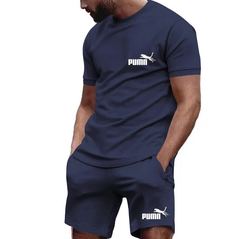 2026 new summer men's T-shirt+shorts set printed fashionable casual round neck pullover breathable running sports shorts