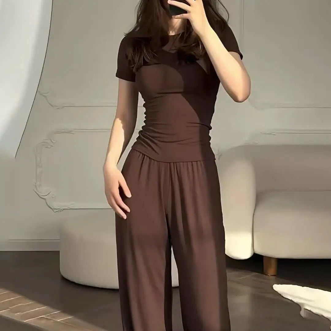 2 pieces women sets 2026 best-selling knitted short-sleeved T-shirt+long pants set two pieces sets women's clothing