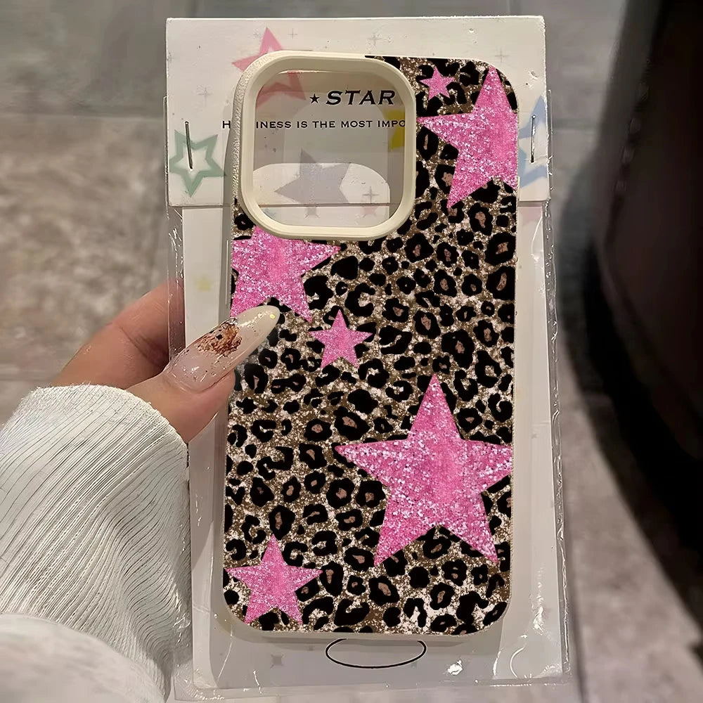 Retro Leopard Print Pink Star Phone Case For iPhone 17 Pro Max 16 Plus 15 Pro 14 13 12 11 XR XS 17Air Lychee Textur Soft Cover