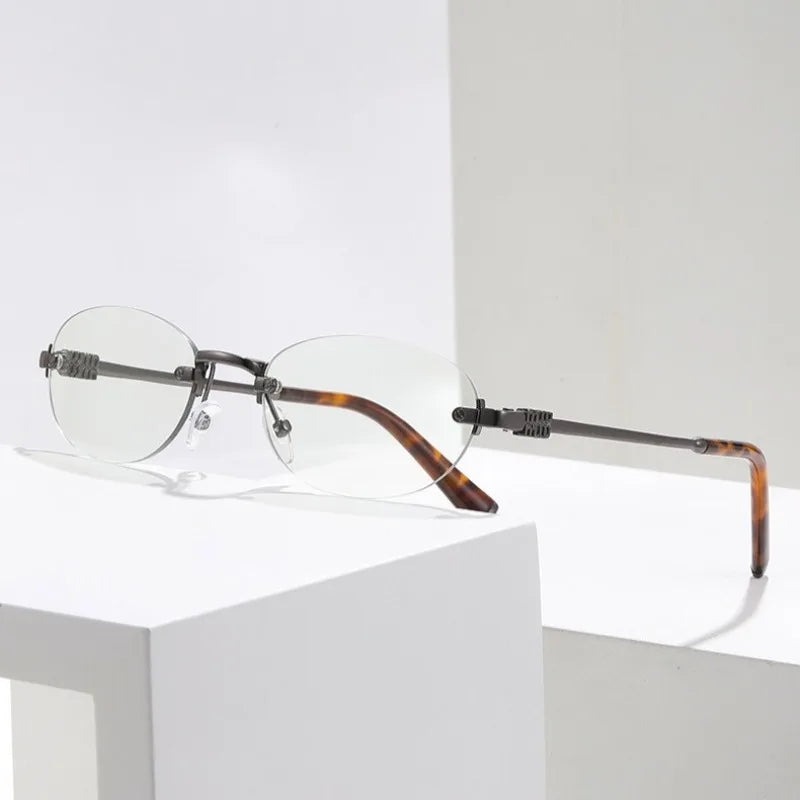 Fashion Women Rimless Photochromic Sunglasses Oval Metal Frame Transition Lens UV400 Protective Elegant Eyewear