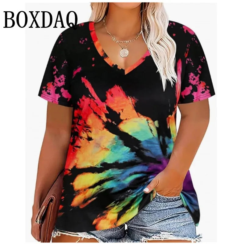 Trendy Plus Size Women's Tie-Dye V-Neck T-Shirt Fashion Short Sleeve Loose Pullover Tops For Casual Summer Wear Large Size Tees