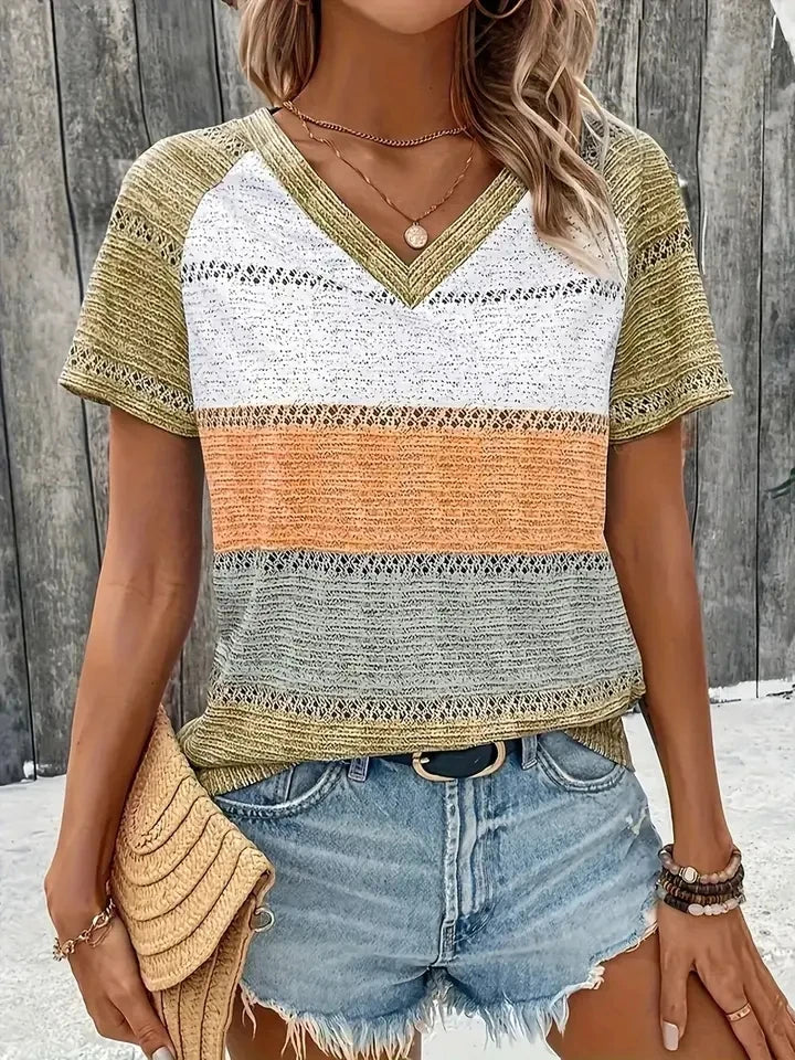 Summer Women Short Sleeve V-Neck Plus Size T Shirt For Women Fashion Ladies T-Shirt 3D Retro Striped Print Tops Casual Clothes