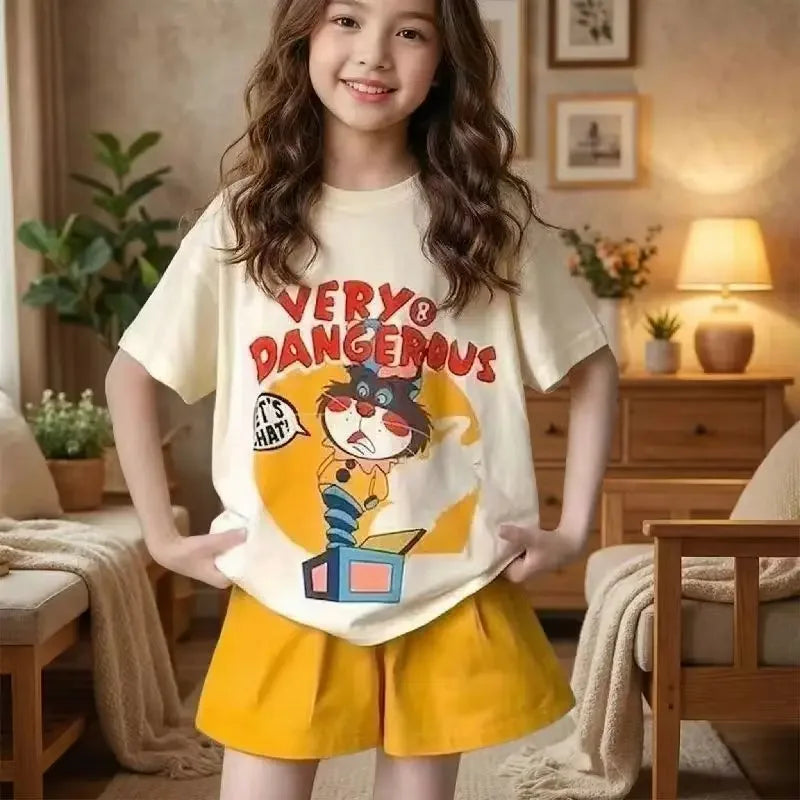 90-165cm Girls Summer 2 Piece Set,  Wide Leg Pants, Casual Kids Outfit for Teen Girls