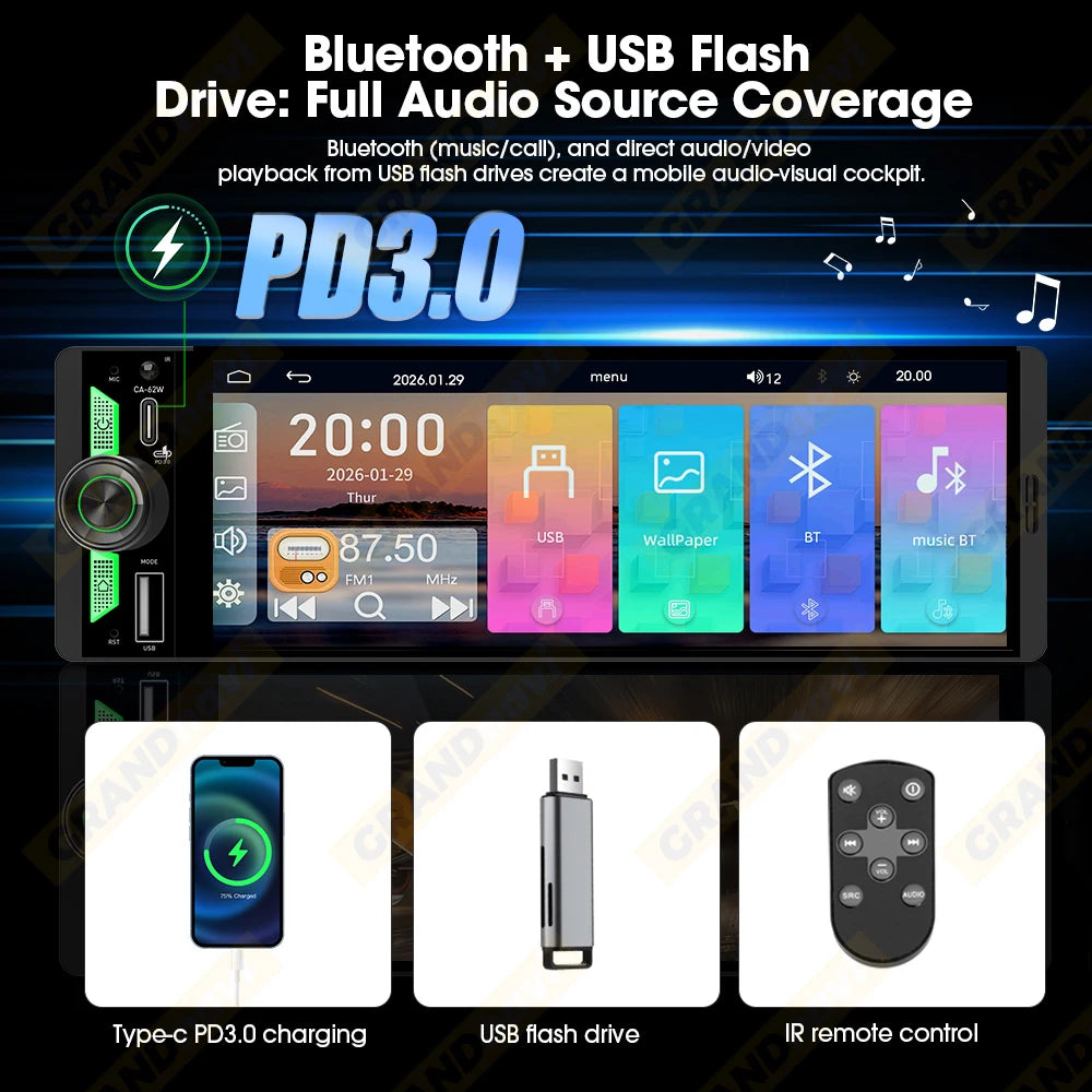 6.5 Inch 1Din IPS Screen Wireless Carplay Android Auto Airplay Car Radio MP5 Player Stereo Bluetooth FM Type-C PD3.0 Fast Charge