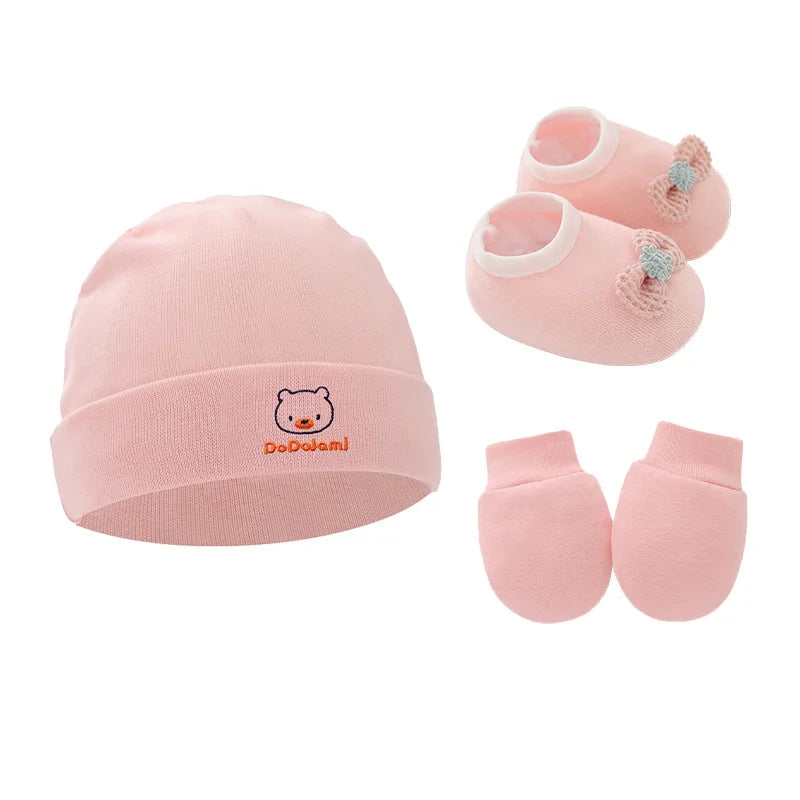 3pcs Cotton Baby Beanie for Newborn Baby Bonnet Gloves Socks Set Baby Hat for Girl Boy New Born Gift Cartoon Cap