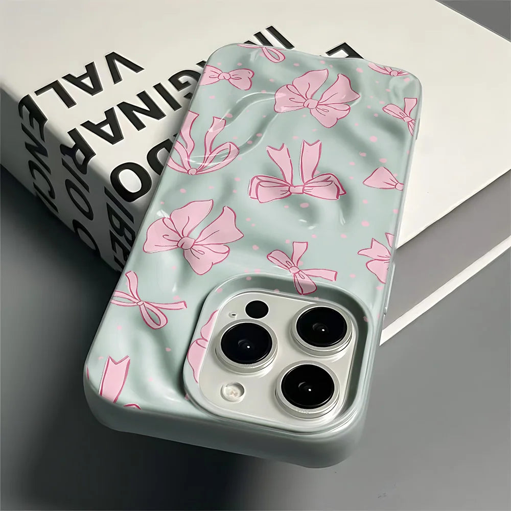 Pink Bow Print Mint Green Wavy Matte Phone Case For iPhone 16 Pro Case iPhone 17 14 11 13 12 15 Pro Max 16e Cover Funda