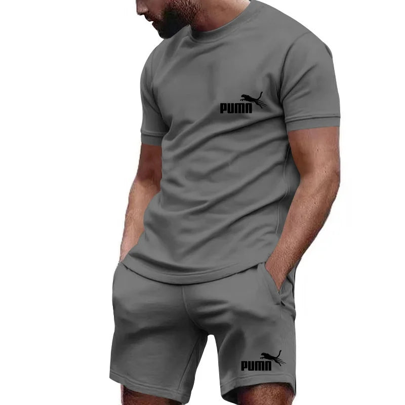 2026 new summer men's T-shirt+shorts set printed fashionable casual round neck pullover breathable running sports shorts