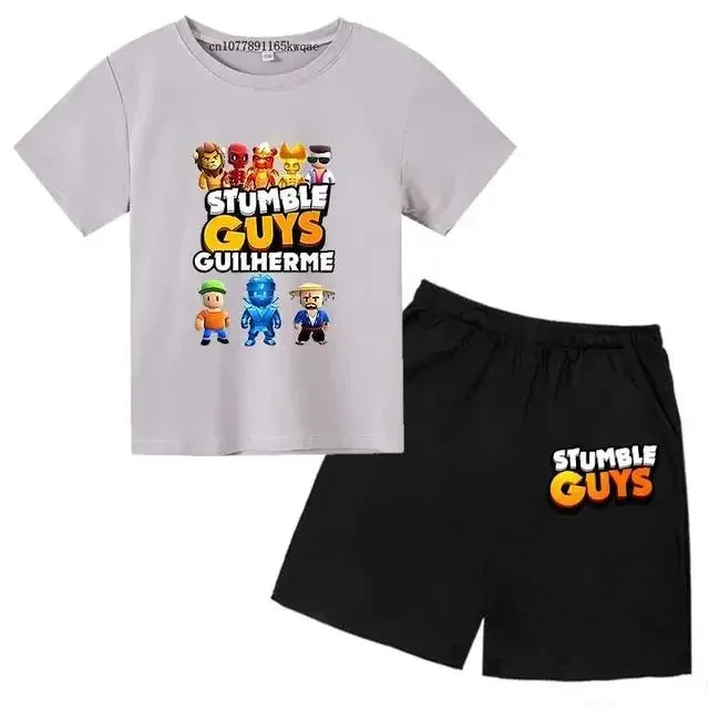 Summer 2pcs Guys Short Sleeve T-shirts+Pants Suits 3-13 Years Boys Girls Outfits Children  Kids Funny Game Print Stumble Clothes