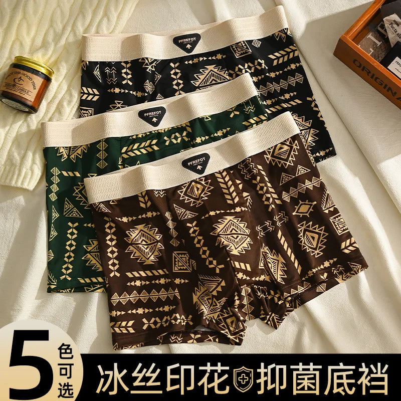 Underwear Man 2025 ice silk screen printed antibacterial breathable boxer shorts four-corner men's cheap clothing