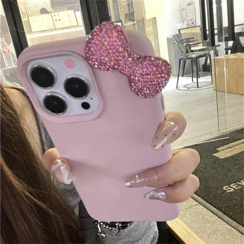 Luxury Rhinestone Bow Litchi Pattern Leather Phone Case For iPhone 17 16 15 14 13 12 11 Pro Max X XS Plus Soft Shockproof Cover