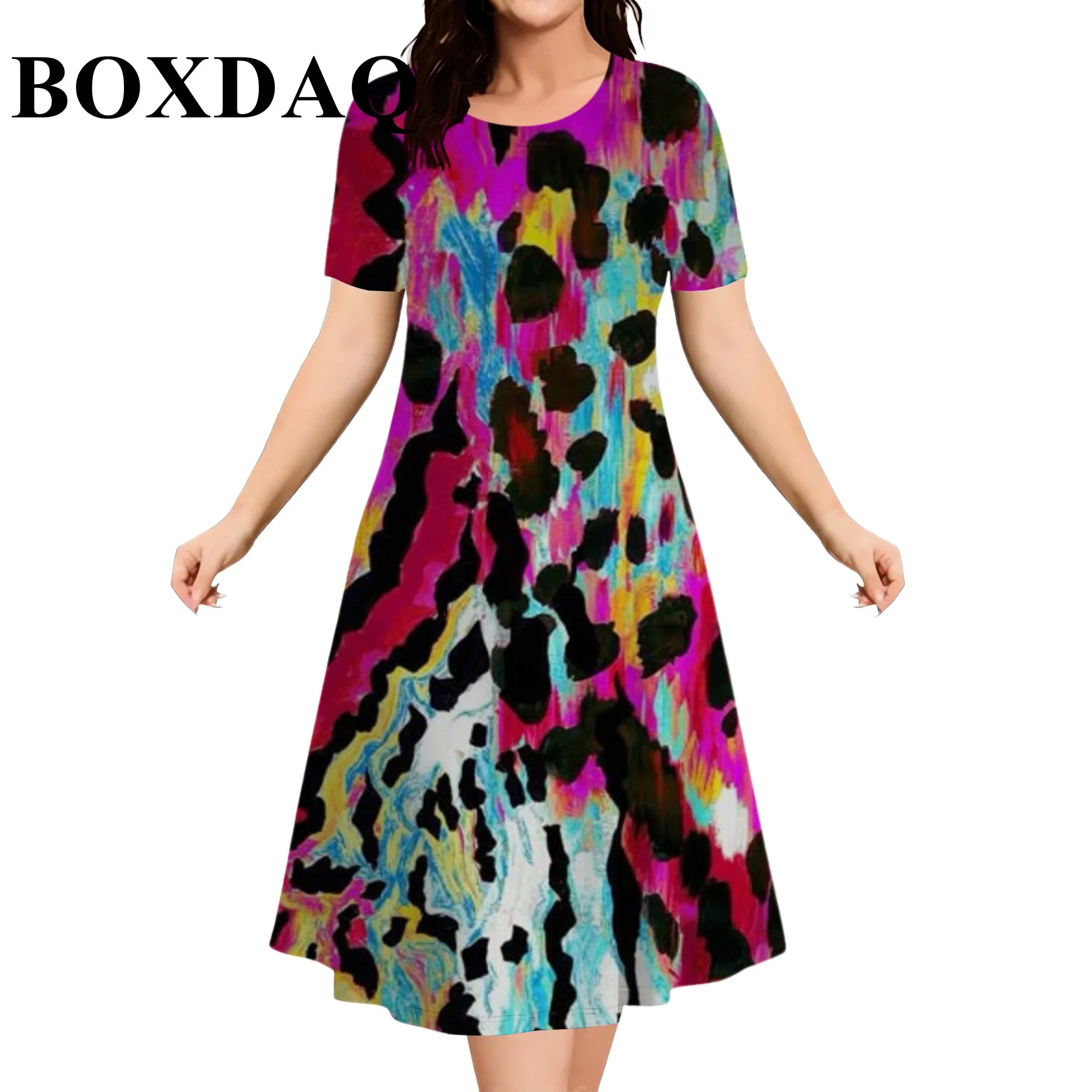 Elegant Fashioin Leopard Print Short Sleeve Dresses For Women 2026 Summer Casual Loose O-Neck A-Line Dress Plus Size 6XL Clothes