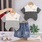 Summer Clothing Sets Fashion Baby Boys Infant Clothes Suits Toddler Infant Kids Striped Cartoon Polo Tshirt+ Denim Shorts Suits