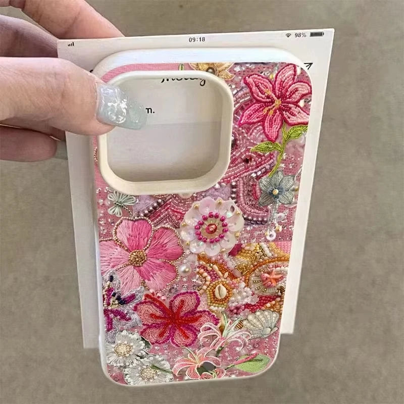 Floral And Beaded Patchwork Design Phone Case For iPhone 17 Pro Max 16 Plus 15 Pro 14 13 12 11 XR XS 17Air Soft Cover