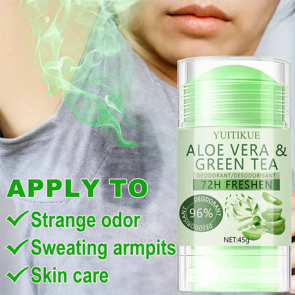 YUITIKUE Aloe & Green Tea Deodorant 45g - 72H Whole Body Fresh, 96%! Odor Control, 3-in-1 Care for Odor, Sweat & Skin