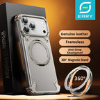 Eary for iPhone 17 Pro Max Air Phone Case Genuine Leather for Magsafe Frameless Shell 360°Rotate Magnetic Stand Anti-Drop Cover