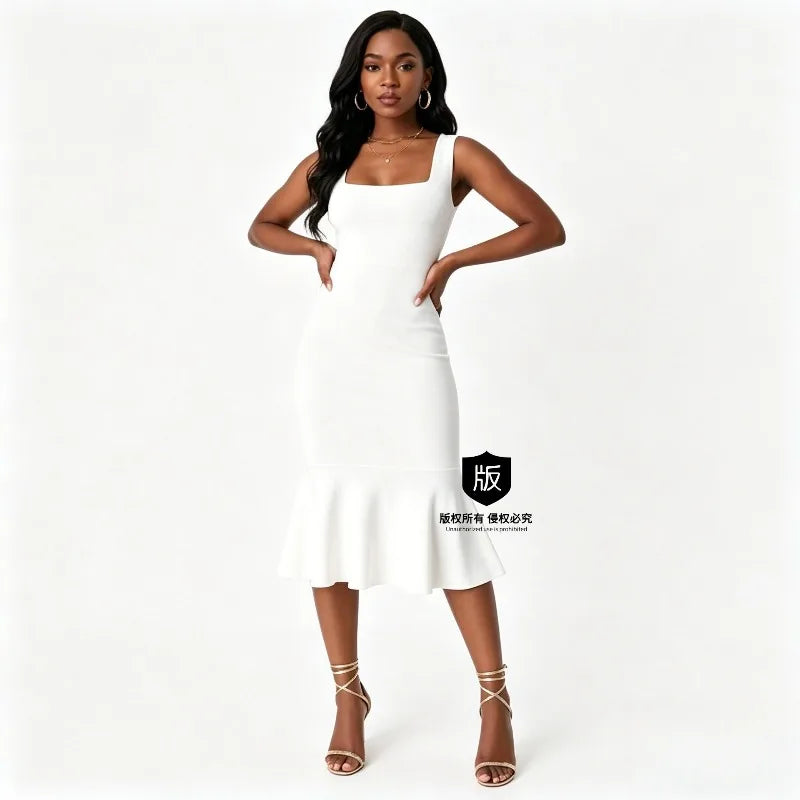 Sexy and fashionable solid color U-neck dress elegant vacation off shoulder cold shoulder backless wavy ruffled hem