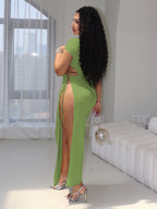 Women's waist cinching slimming, simple and versatile new fashionable solid color round neck slim fit short sleeved dress