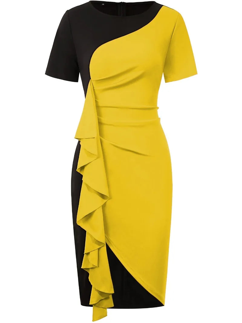 Short Sleeve Crew Neck Ruffle Slim Knee Length Cocktail Party Patchwork Sheath Bodycon Pencil Dress Women Elegant