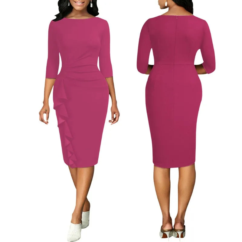 Womens Elegant Crew Neck 2/3 Sleeve Work Office Knee Length Ruffle Business Casual Party Ruched Pencil Bodycon Sheath Dress