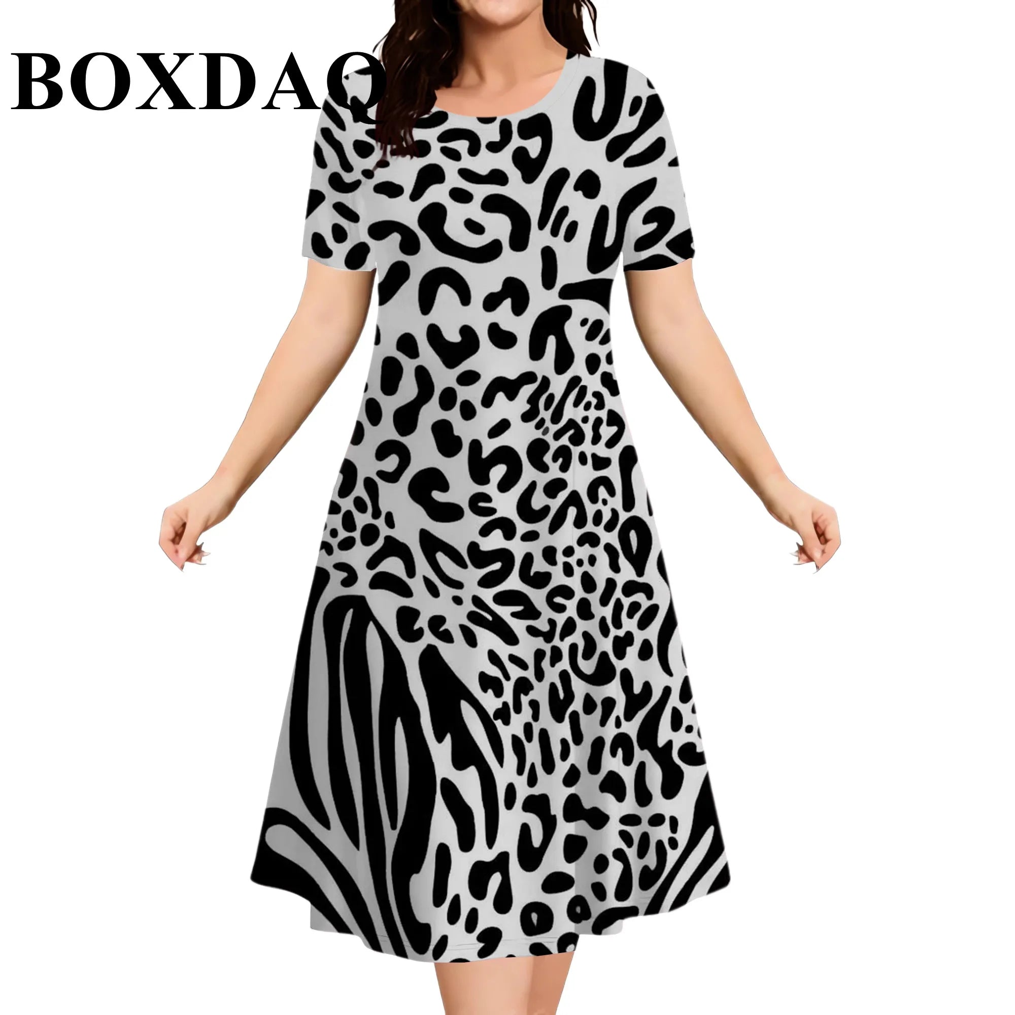 Elegant Fashioin Leopard Print Short Sleeve Dresses For Women 2026 Summer Casual Loose O-Neck A-Line Dress Plus Size 6XL Clothes