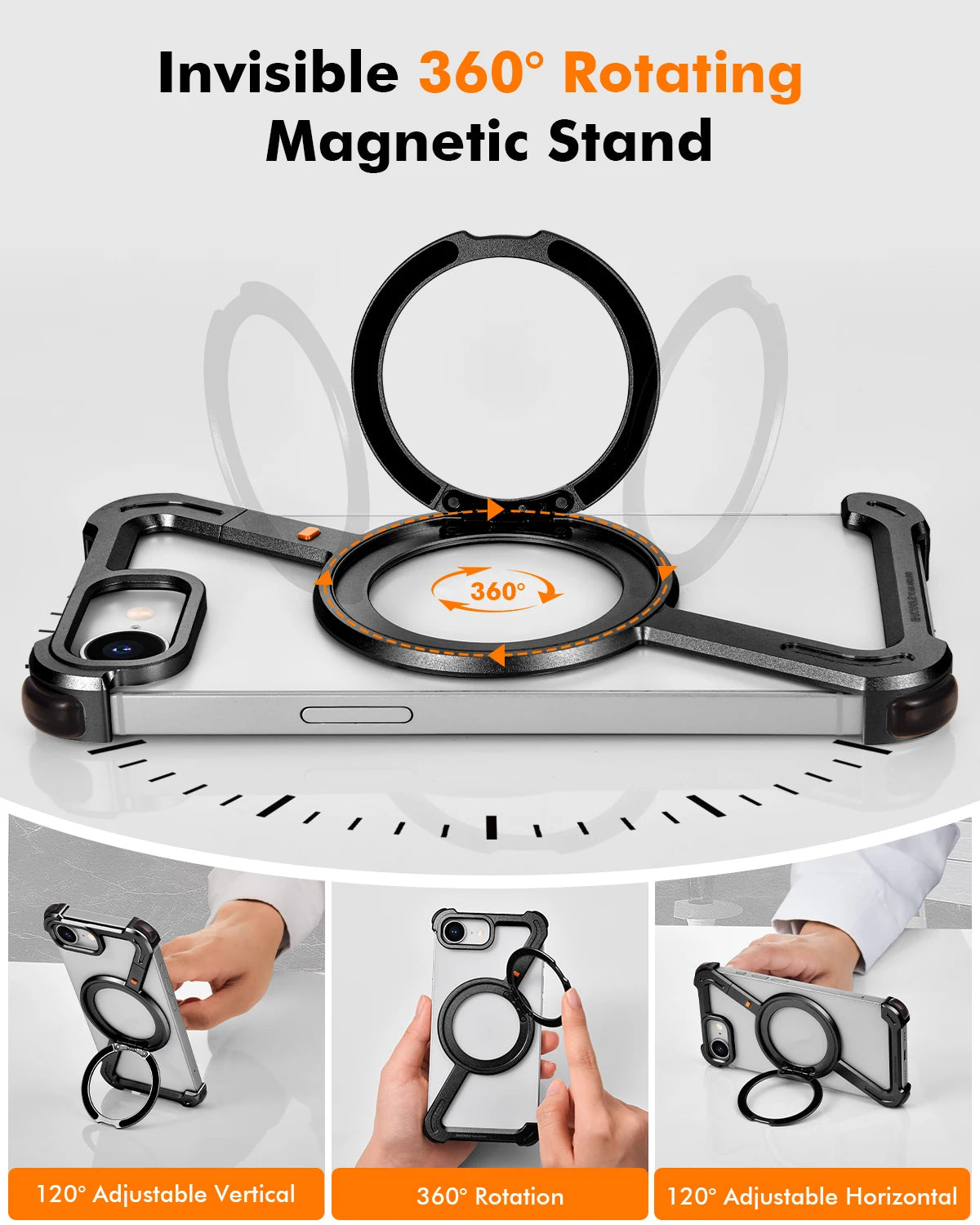 Eary Z Shape Phone Case For Iphone 16 E With 360 Rotating Adjustable Magnetic Ring Stand Frameless Shockproof Protector Shells