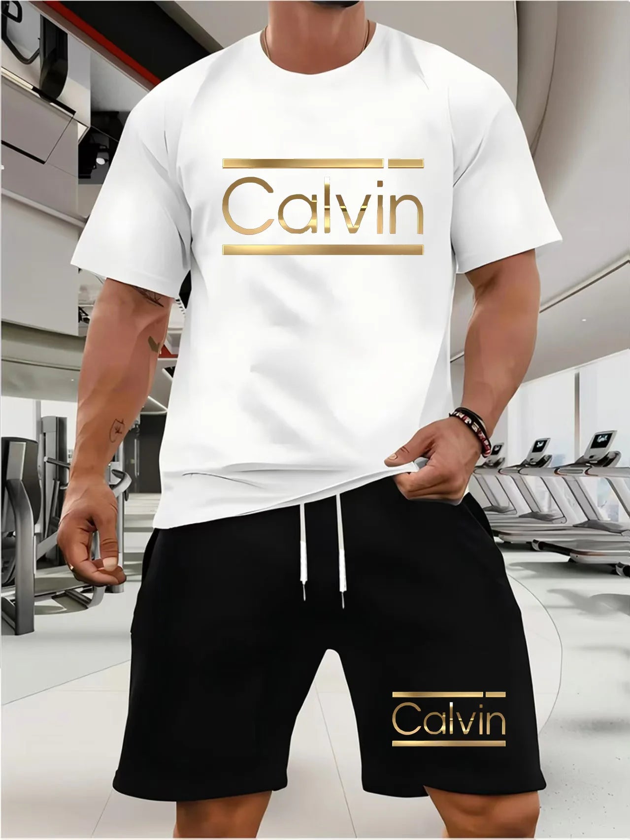 CALVIN summer men women new casual sports suit Fashion breathable outdoor short-sleeved T-shirt + training shorts two-piece set