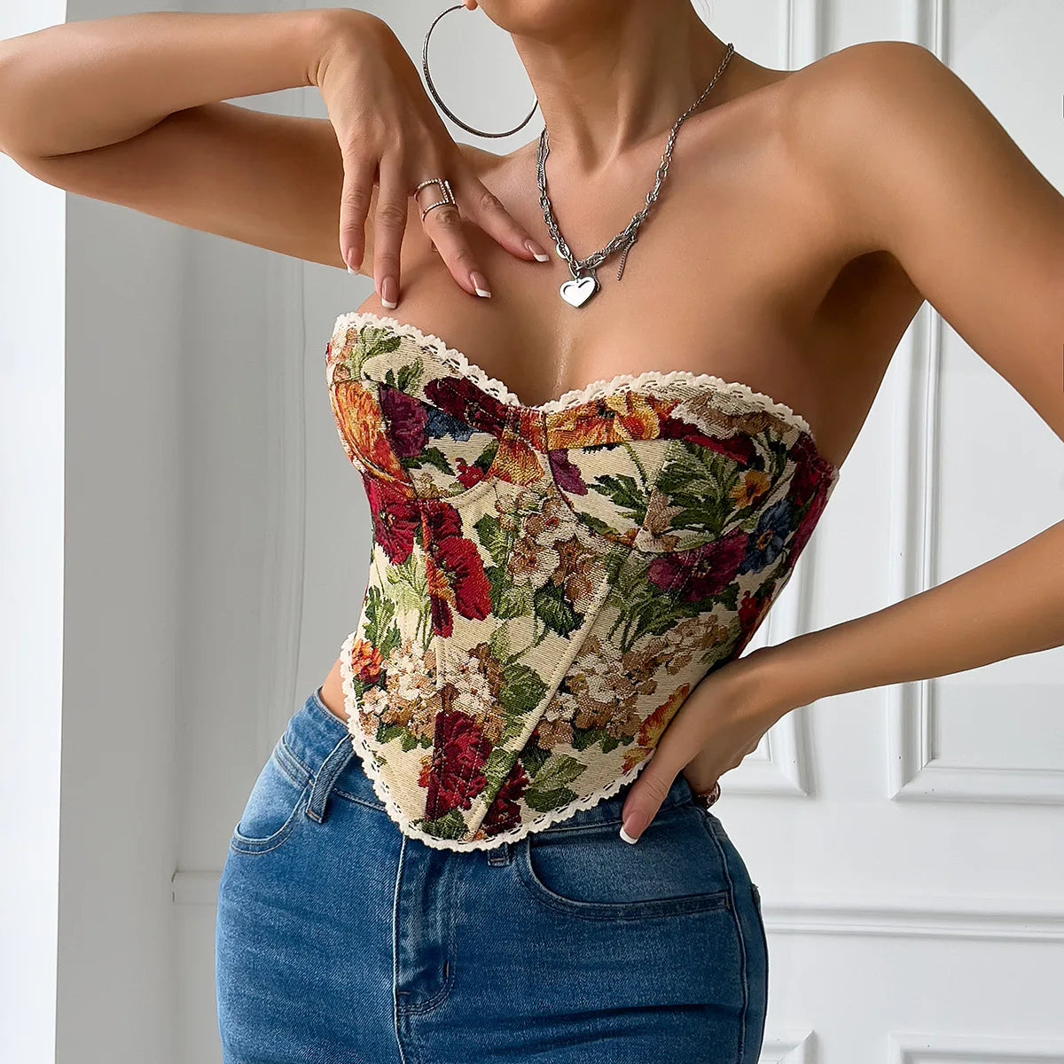Sexy Club Wear V Neck Printed Strappy Sleeveless Vest Woman,Y2K Retro Slim Crop Top Street Style Bare Shoulder Fishbone Corset