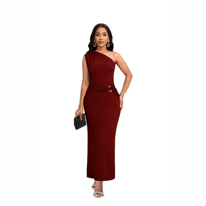 High end luxury crossover single shoulder wrap skirt with metal accessories suitable for women's elegant satin high waist figure