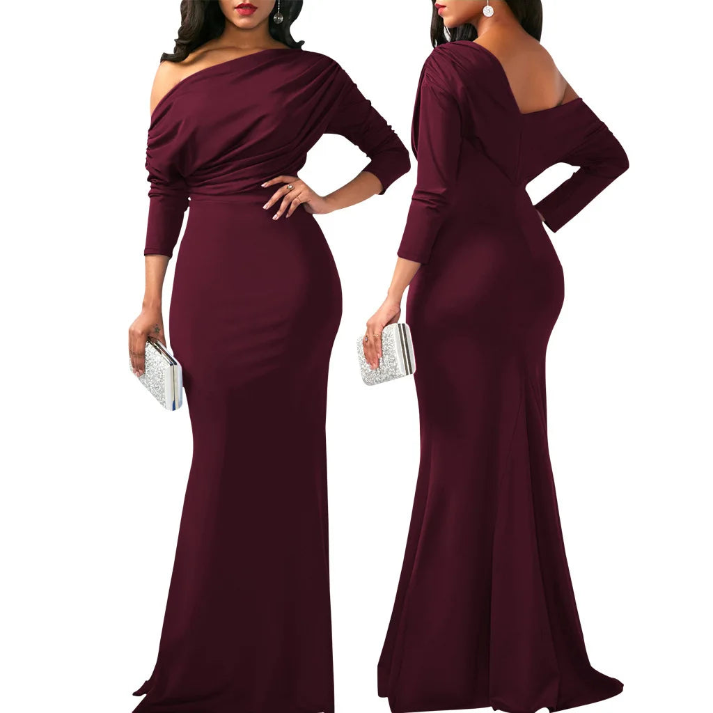Sexy Fashionable Asymmetrical Shoulder Women's Dress with Slight Creasing on Chest Independent Station 2025 Long Evening Gown