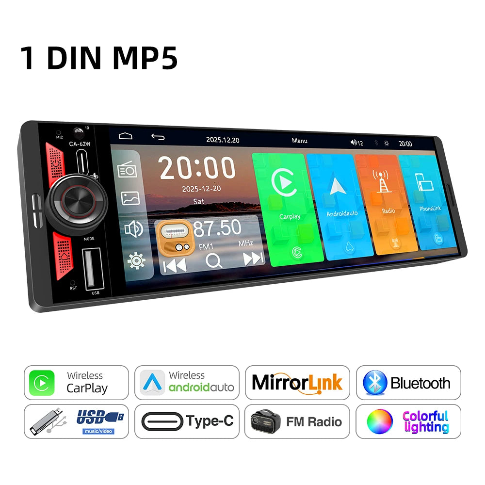6.5 Inch 1Din IPS Screen Wireless Carplay Android Auto Airplay Car Radio MP5 Player Stereo Bluetooth FM Type-C PD3.0 Fast Charge