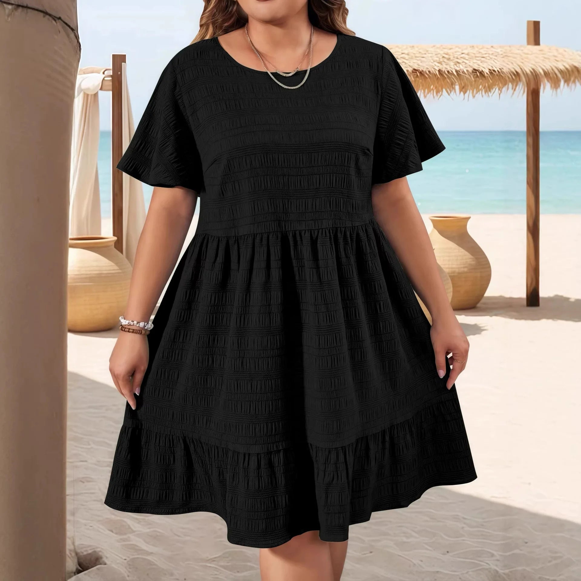 Oversized Summer Dresses For Women 2026 Plus Size Clothing Elegant Fashion Round Neck Patchwork Loose Casual Short Sleeve Dress