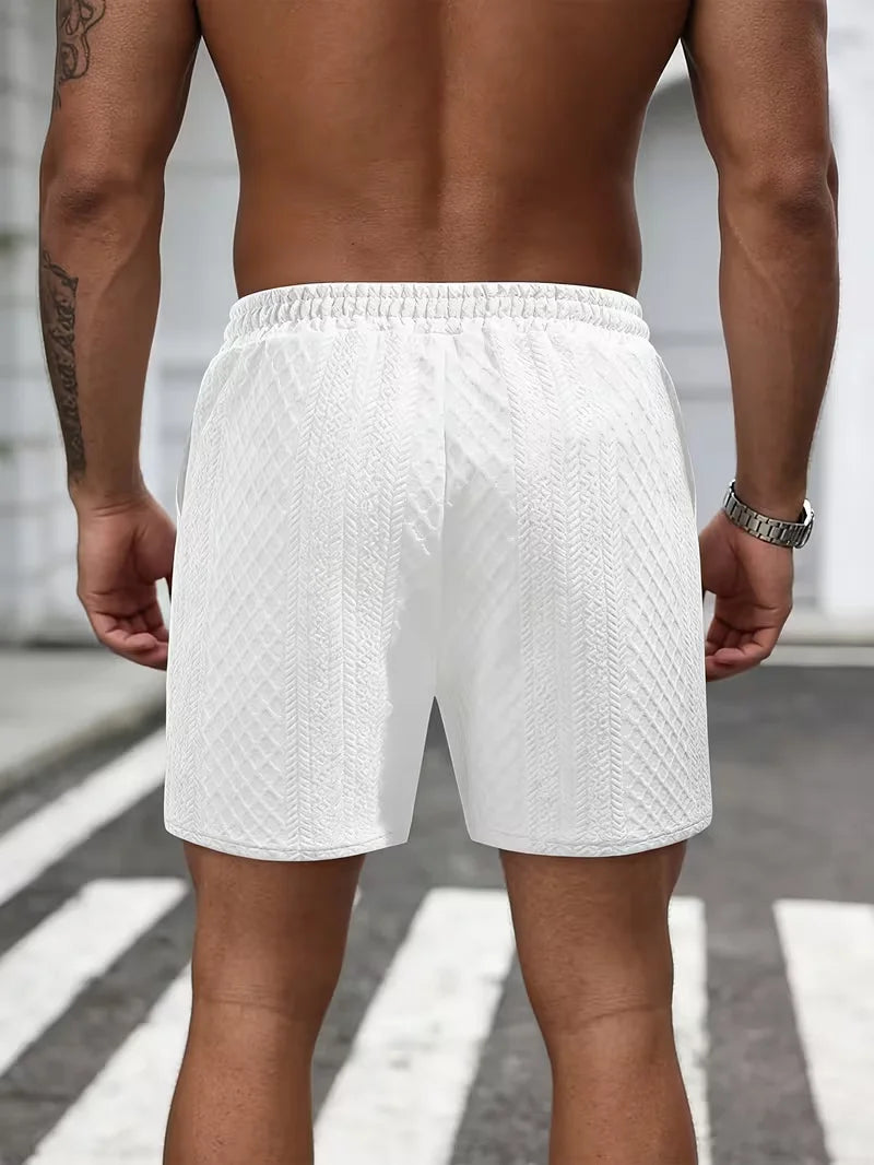 Men's White Textured Waist Drawstring Shorts Summer Breathable Quick Dry Short Pants for Sports Outdoor