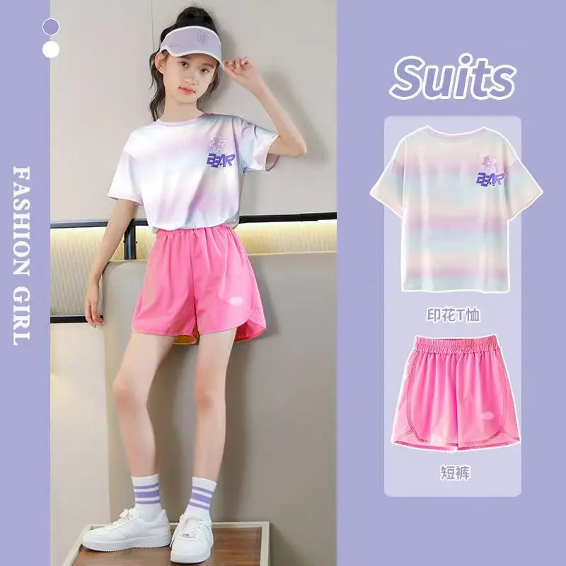 Korean Summer 2pcs green Set 2025 leisure girl Children t-shirt shorts kids clothes boys set