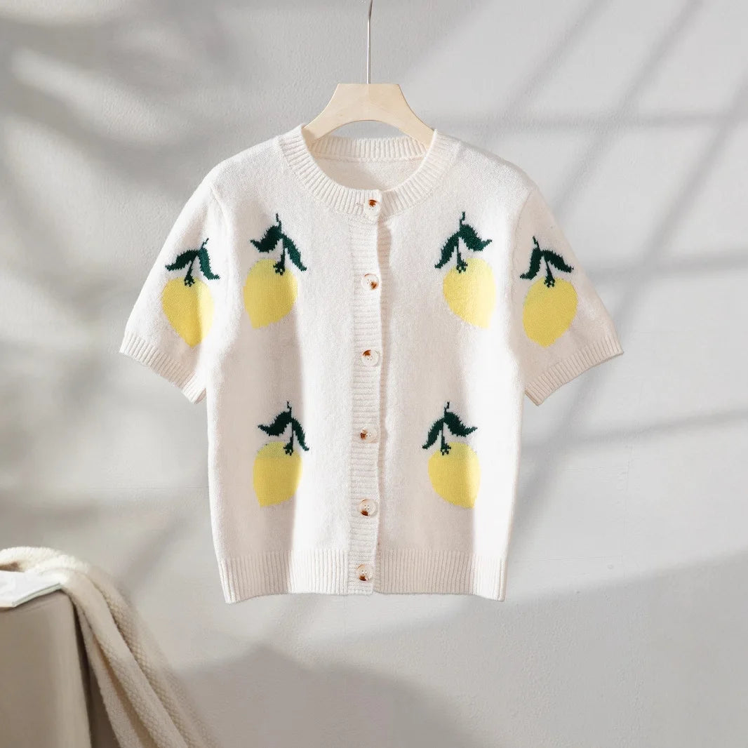 Women Lemon Pattern Knit Cardigan Cute Short Sleeve Button Down Sweater Vest Top New in Aesthetic Fruit Pattern