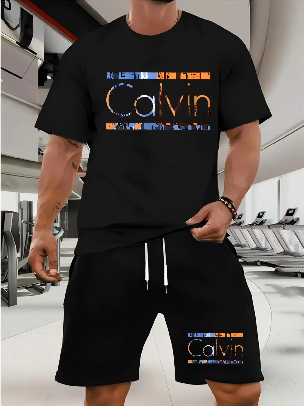 calvin  Men's new fashion summer sports printing crew-neck Mesh surface T-shirt shorts short-sleeved suit Loose two-piece set