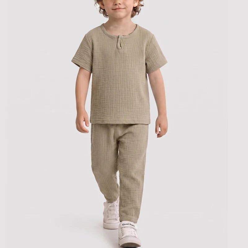 Childrens Set  Summer Cotton and Linen Short Sleeved Pants Set Mens and Women Thin Pure Cotton Pants Loose Two-piece Set