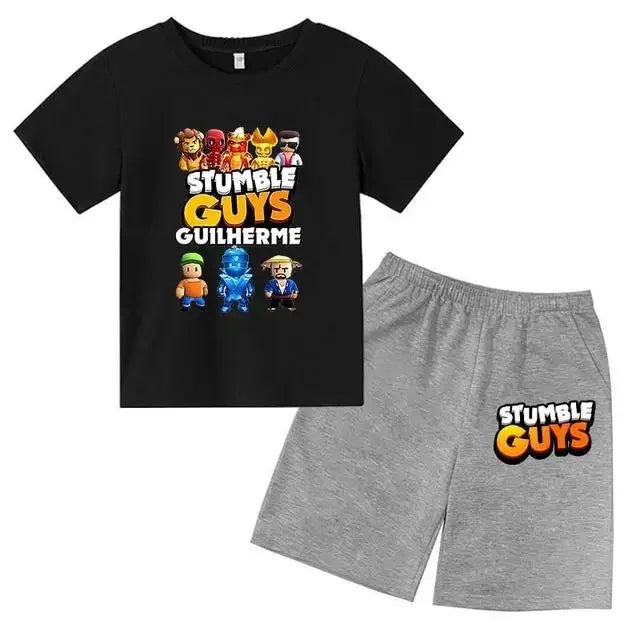 Summer 2pcs Guys Short Sleeve T-shirts+Pants Suits 3-13 Years Boys Girls Outfits Children  Kids Funny Game Print Stumble Clothes